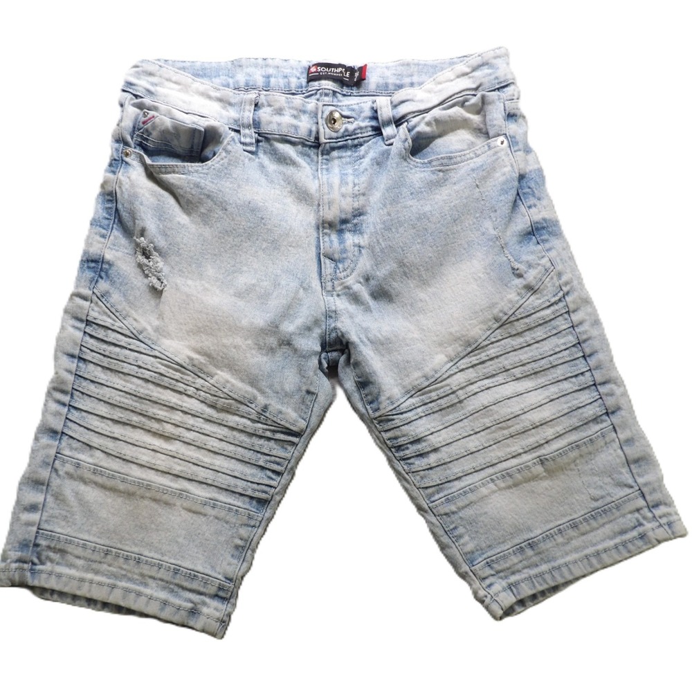Southpole Denim Shorts Men W30 Light Wash Pleated Biker Distressed Cotton Denim